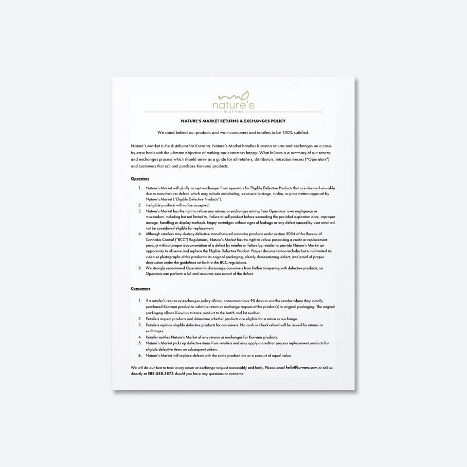 Natures-Market - Returns-Exchanges-Policy | Kurvana | Curated for years. Experienced in moments. Nature's Market returns and exchanges policy document. Guidelines for product returns and consumer satisfaction (text).
