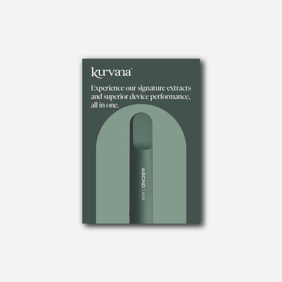 kurvana-ascnd-aio-5x7-2024 | Kurvana | Curated for years. Experienced in moments. Kurvana ASCND All-In-One Device Packaging featuring premium extracts and superior performance in a sleek green design.