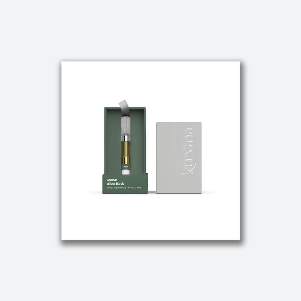 kurvana-digital-print-media | Kurvana | Curated for years. Experienced in moments. Kurvana Alien Kush vape cartridge in green packaging with silver lettering, premium cannabis oil product on white background.
