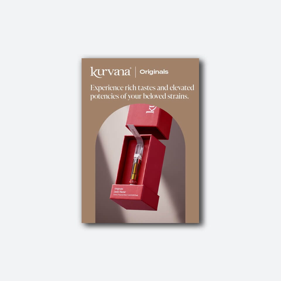 kurvana-originals-aio-5x7-2024 | Kurvana | Curated for years. Experienced in moments. Kurvana Originals cannabis oil vape cartridge in red packaging, offering rich tastes and elevated potencies of beloved strains.