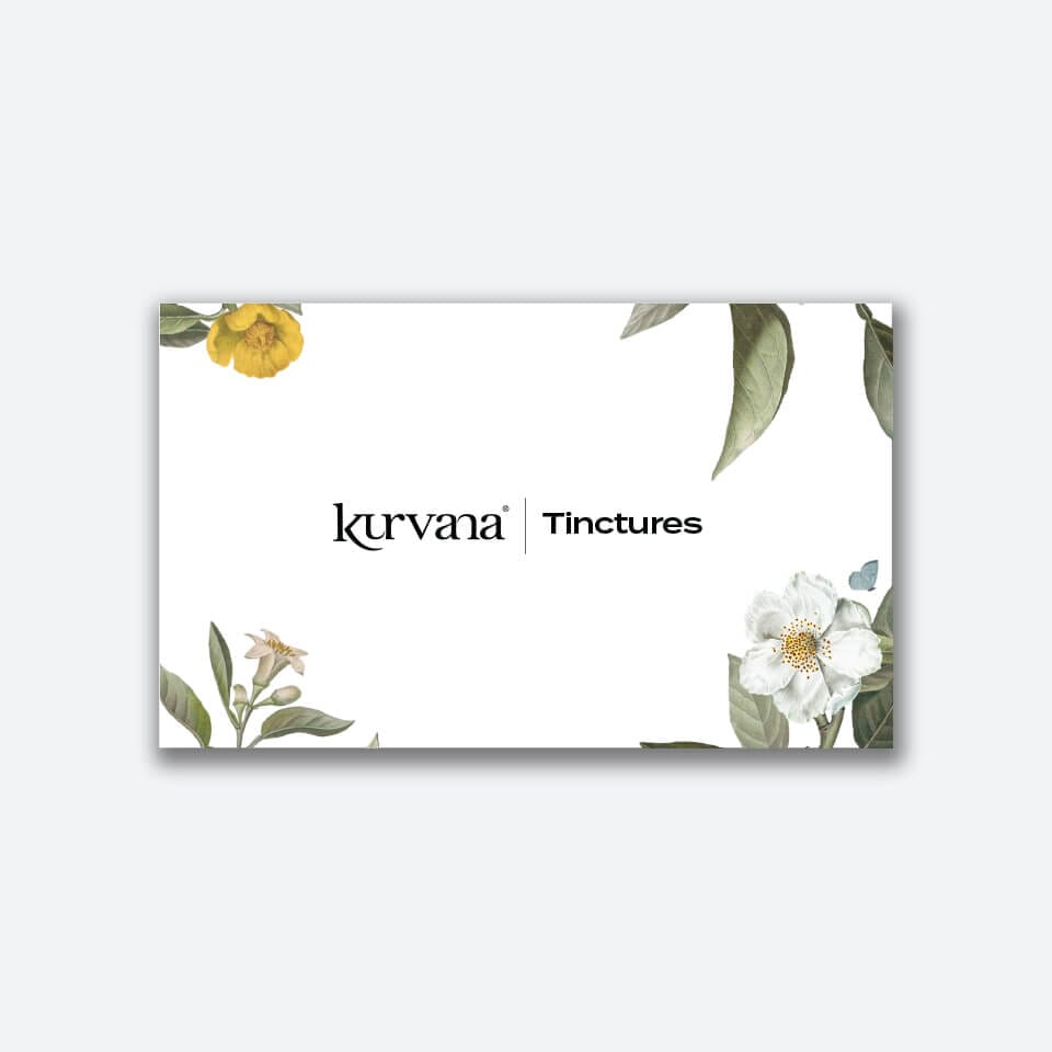 kurvana-tinctures-booklet | Kurvana | Curated for years. Experienced in moments. Kurvana Tinctures logo with floral border featuring yellow and white flowers and green leaves on a white background.