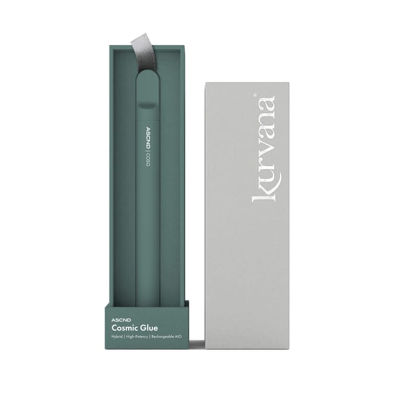 kurvana-ascnd-rechargeable-aio-cosg-2000x2000 | Kurvana | Curated for years. Experienced in moments. Kurvana ASCND Cosmic Glue vape in box, hybrid high-potency, rechargeable AIO device, gray and green packaging.