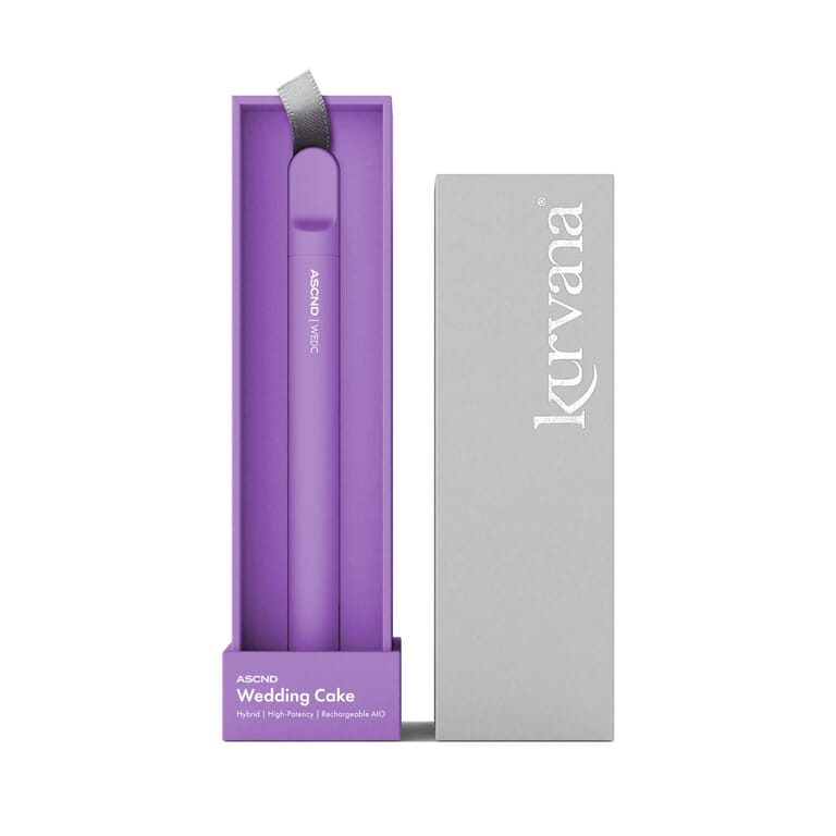 kurvana-ascnd-rechargeable-aio-wedc-2000x2000 | Kurvana | Curated for years. Experienced in moments. Purple Kurvana ASCND Wedding Cake vape pen with box, hybrid high-potency, rechargeable AIO.