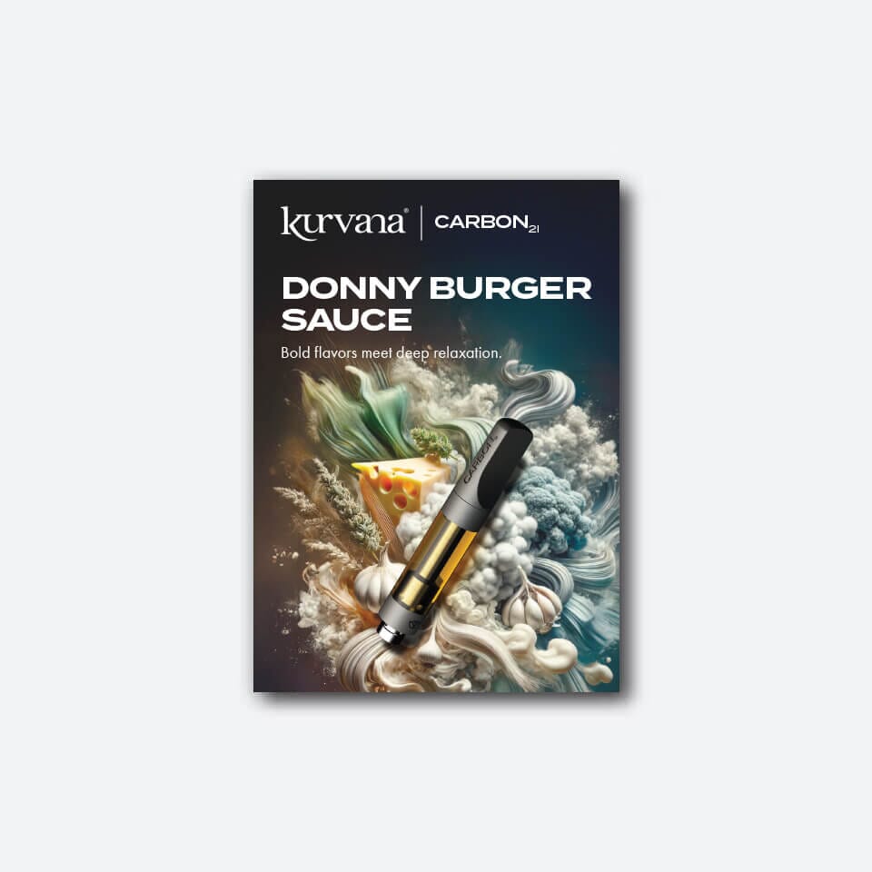 kurvana-carbon21-donny-burger-sauce-flyer | Kurvana | Curated for years. Experienced in moments. Kurvana Carbon21 Donny Burger Sauce packaging featuring vape cartridge with bold flavors and artistic background.