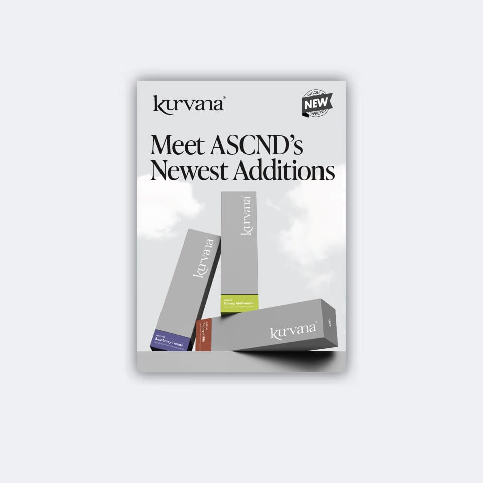 kurvana-new-rechargeable-all-in-one-launch-2024-12-31 | Kurvana | Curated for years. Experienced in moments. Kurvana ASCND product lineup showcasing new vaping additions in sleek packaging against a cloudy background.